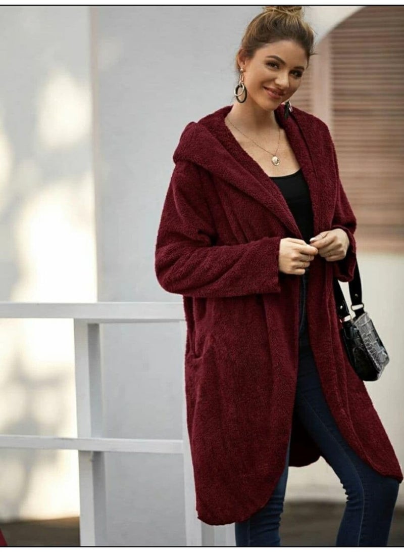 Solid Dual Pocket Open Front Teddy Coat (Burgundy) - Image 5